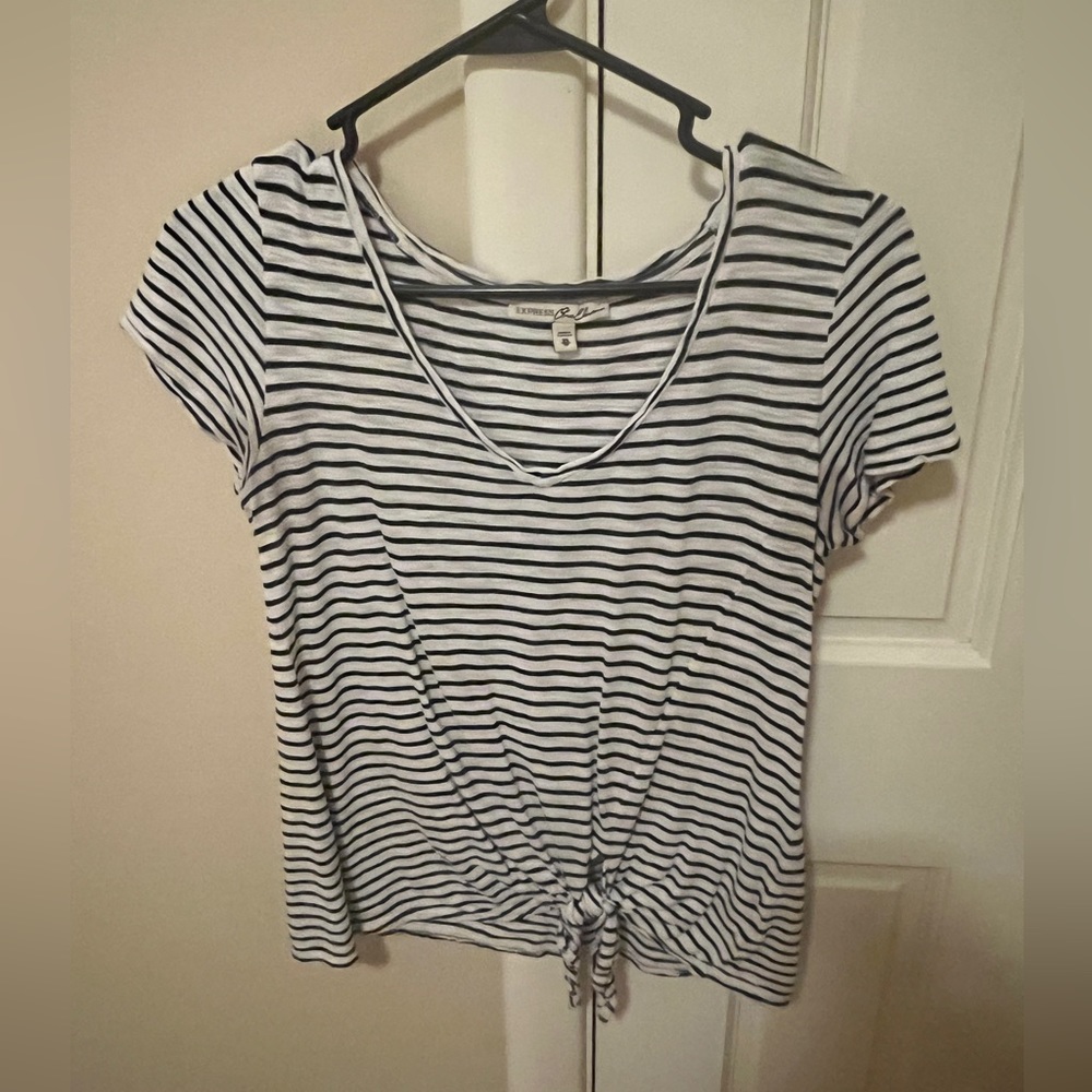 Express navy and white stripe tie front tee. Free beauty gift with purchase! - Picture 3 of 5